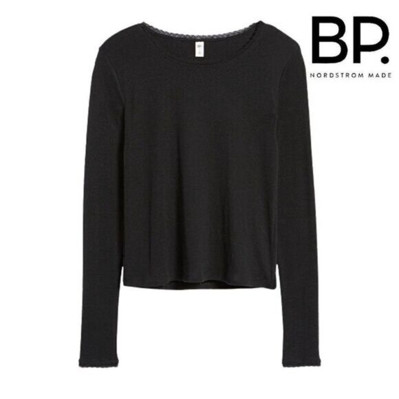 BP. Black Long Sleeve Tee Lace trim Neckline and Cuffs Women's Top NWT - Picture 4 of 8